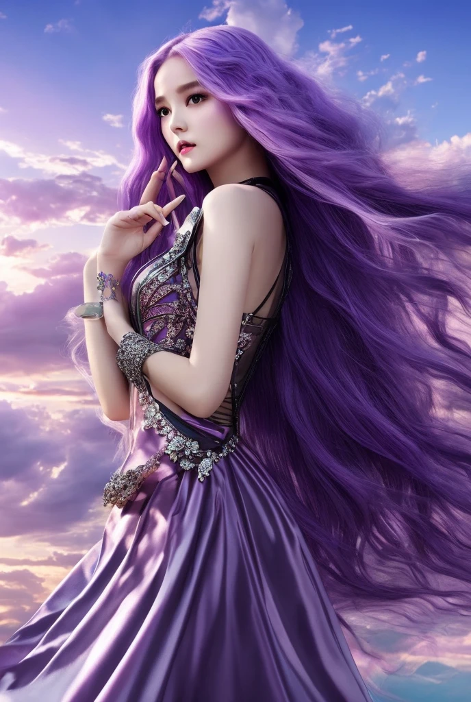 Light purple hair、Vampire Queen、Black short dress、Long Hair, High resolution, Clear skin、Purple Sky、Light blue clouds、Silver and copper、Beauty
