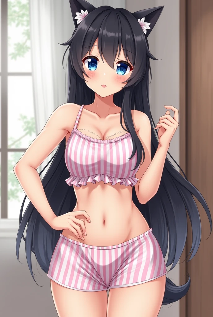 Long Hair Girl, Color: Black, Blue colored eyes. have large breasts, Thin hips and buttocks, I'm hungry. Wearing summer two-piece pajamas, Shorts and top, Not looking so sweet and innocent, A more mature look