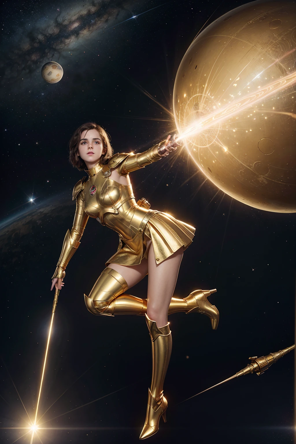 vintage scifi. vintage. EmmaWatson figure with a beautiful face floating in space, surrounded by few golden spheres, white minimalistic armor. golden boots. holding a large, gleaming spear.
dark background few golden spheres. The figure's pose, with their head tilted back, beautiful face.