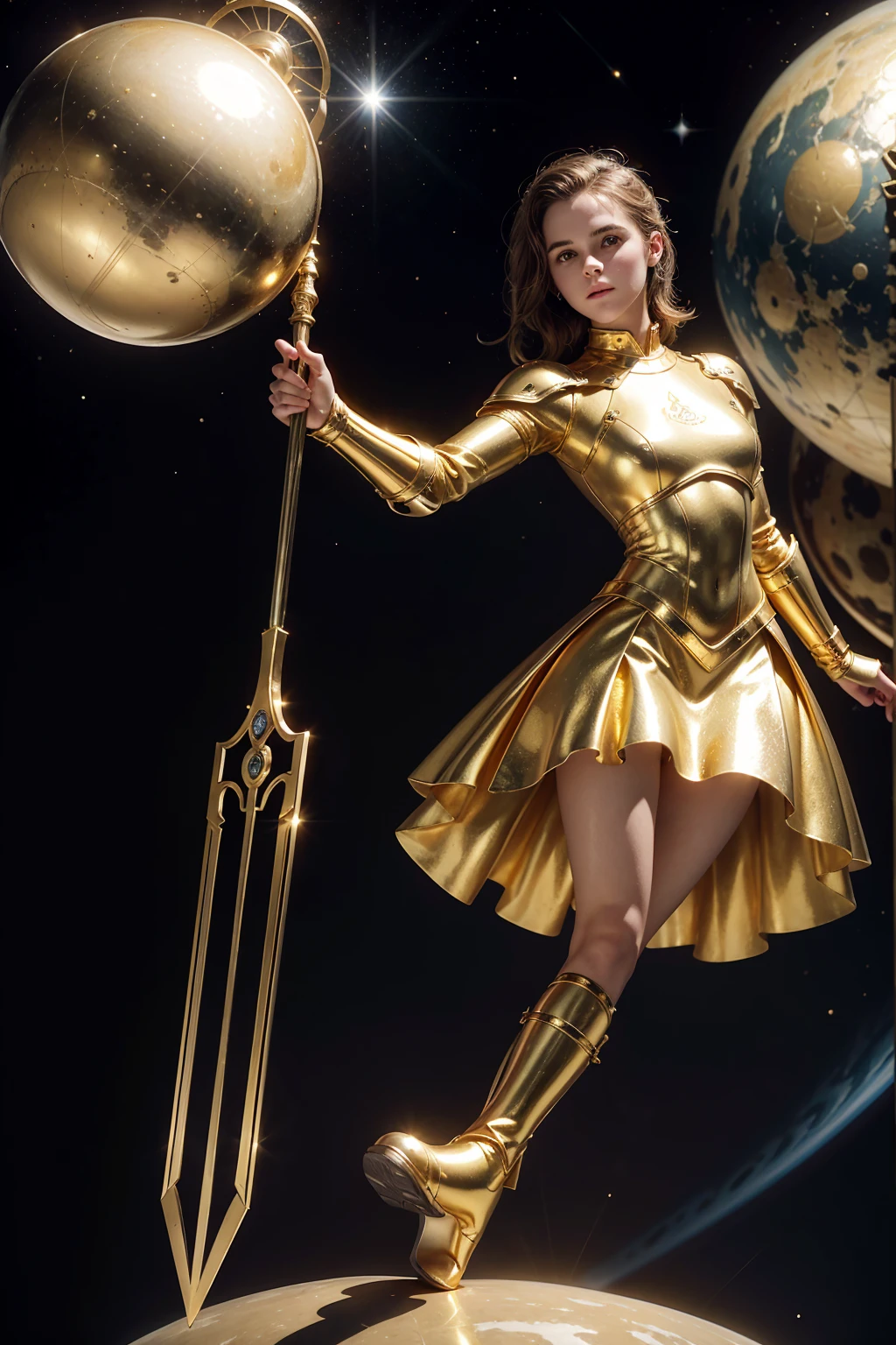 vintage scifi. vintage. teenEmmaWatson figure with a beautiful face floating in space, surrounded by few golden spheres, white minimalistic armor. golden boots. holding a large, gleaming spear.
dark background few golden spheres. The figure's pose, with their head tilted back, beautiful face.