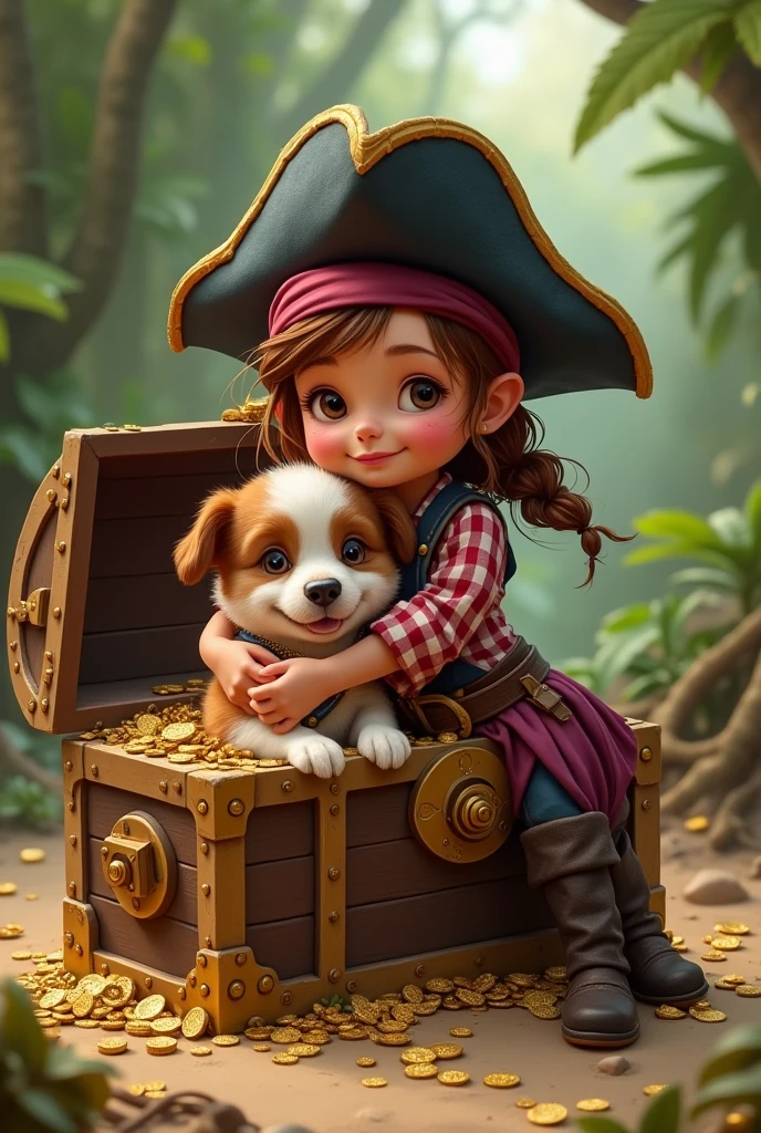 girl dressed as a pirate, dog in a treasure chest and girl hugging dog