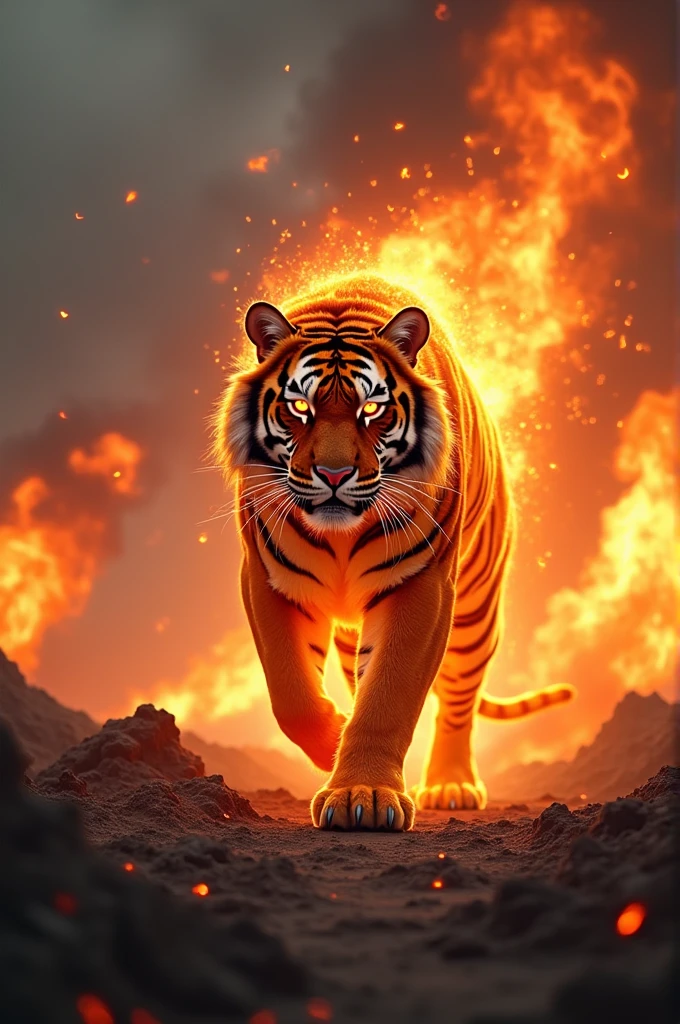 A fire elemental tiger wearing a brave suit is spreading its territory, the Heavenly Fire Domain is consuming the earth.a tiger man. neon light