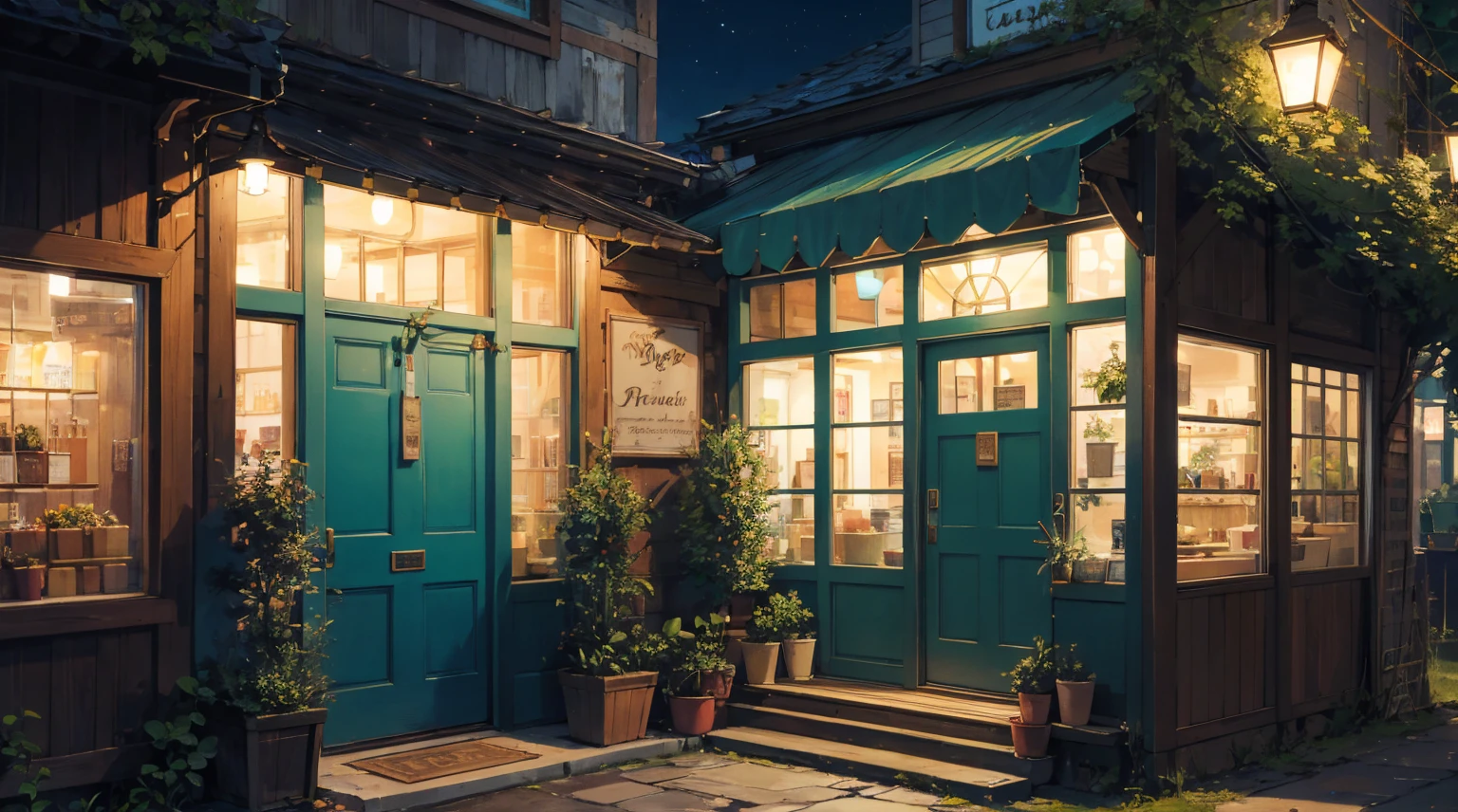 Vibrant and detailed illustration of a quaint cafe with a night charming, vintage aesthetic. The building features a two-story layout with a yellow facade adorned with lush green vines and plants. , and an inviting open door leading into the store. A green awning shades the entrance, adding to the cozy atmosphere. In front of the store, a teal scooter is parked on a cobblestone street, enhancing the nostalgic feel. The upper level has two large windows with white frames, also surrounded by greenery. The overall scene is bathed in night, natural light, creating a serene and welcoming night ambiance. The illustration is rich in detail, with a harmonious blend of colors and textures that bring the scene to life.