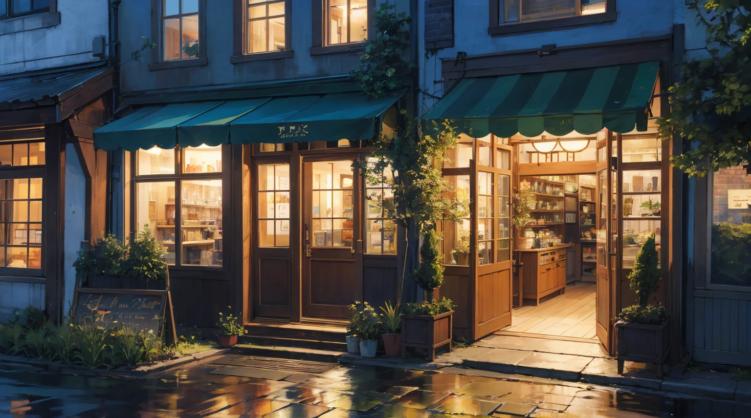 Vibrant and detailed illustration of a quaint cafe with a night charming, vintage aesthetic. The building features a two-story layout with a yellow facade adorned with lush green vines and plants. , and an inviting open door leading into the store. A green awning shades the entrance, adding to the cozy atmosphere. In front of the store, a teal scooter is parked on a cobblestone street, enhancing the nostalgic feel. The upper level has two large windows with white frames, also surrounded by greenery. The overall scene is bathed in night, natural light, creating a serene and welcoming night ambiance. The illustration is rich in detail, with a harmonious blend of colors and textures that bring the scene to life.