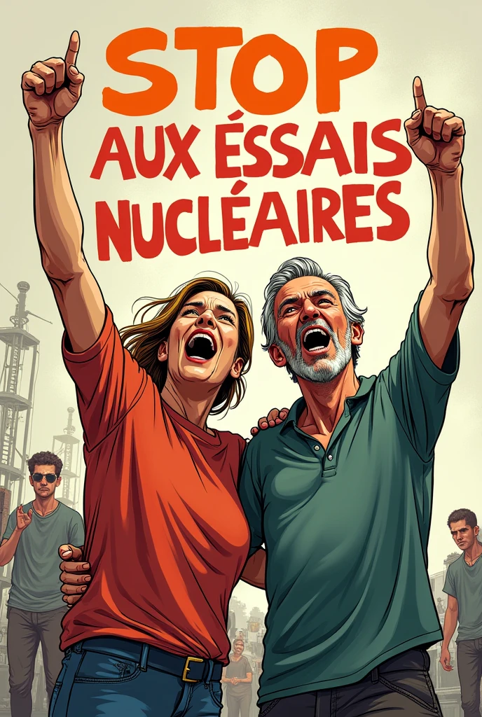 Ce couple de 35 ans se mobilise contre les essais nucleaires. Au fond un essai en style dessin. Ecrire " stop aux essais nucléaires"