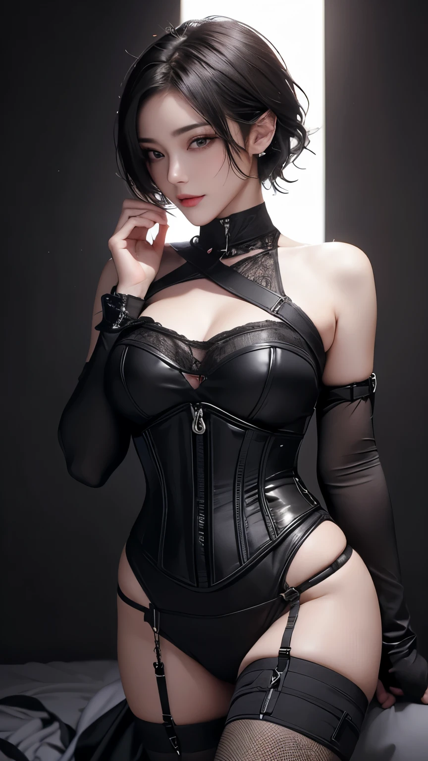 masterpiece, Highest quality, Very detailed, To the camera, 複雑に詳細なVery detailedな, Realistic, Sharp features, Very detailed, Sharp focus, Perfect Face, Perfect Face, Perfect symmetry and perfect eyes, Perfect Plump Lips, Flexible female form, Cinematic, Film Light, Very detailedな, hyper Realistic, masterpiece, Atmospheric, High resolution, Vibrant, Dynamic Studio Lighting, ((Dark Background)), The facial expression when feeling happy, handcuffs, BDSM, slave, Rubber, Red Corset, 赤いfirst round, Browsing Caution, ((Highest quality, 8k, masterpiece: 1.3)), Sharp focus: 1.2, Beautiful woman with perfect figure: 1.4, Slim Abs: 1.2, Wet body: 1.5, Very detailedな顔と肌の質感, Detailed eyes, double eyelid, Very short hair,Sm嬢,m嬢,handcuffs,first round