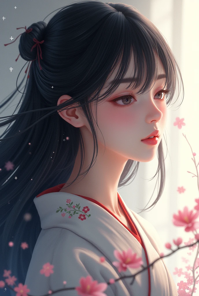 Kimono girl closed eyes, Gaze, High resolution, Black Hair, chest, Sparkle Effect,