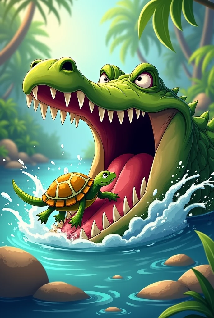 Crocodile eating in mouth to turtle in 2d cartoon