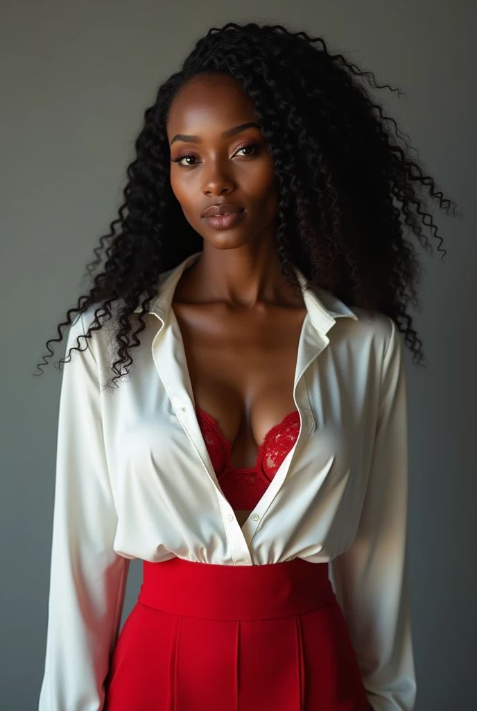 a beautiful black woman in a white silk shirt with a deep v-neck, wearing a business suit, a red lace bra peeking through, and a pencil skirt, with black afro cornrows hairstyle, (best quality,4k,8k,highres,masterpiece:1.2),ultra-detailed,(realistic,photorealistic,photo-realistic:1.37),intricate details,dramatic lighting,chiaroscuro,high fashion editorial,glamorous,cinematic