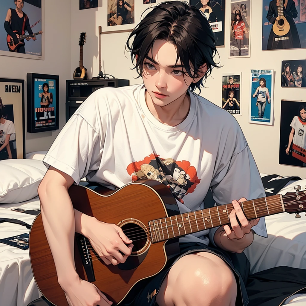 Dessine un jeune ,
 un homme style hard rock assis sur un lit avec une guitare , sad with beer cans on the ground 
