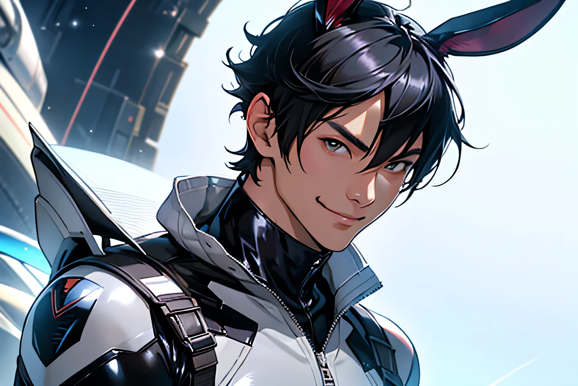 Japanese Handsome model Fierce 2 male smile Black Hair Short cut Short hair looking at the camera Shiny full-body silver suit Mega Bulge Shiny silver latex suit looking at the camera future world planets on the background Upper body close-up Bunny ears Face close-up
