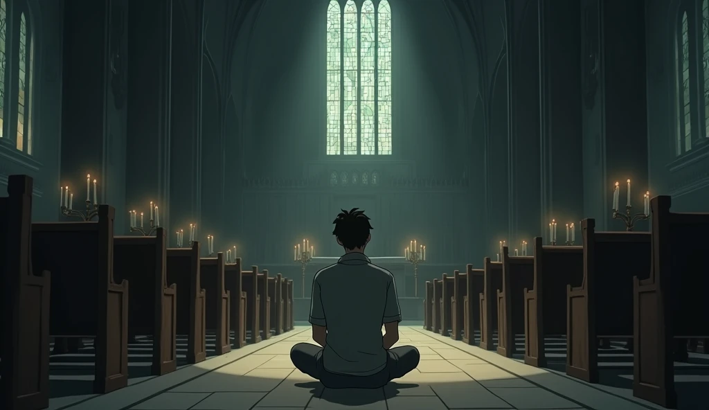 'A man sitting alone in a chair in the corner of a very dark and empty large Protestant church sanctuary, praying quietly', Ghibli style.