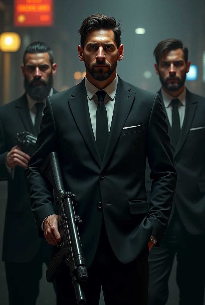 Messi is a gangster wearing black dress with a big gun with some men.They also wearing black dress.