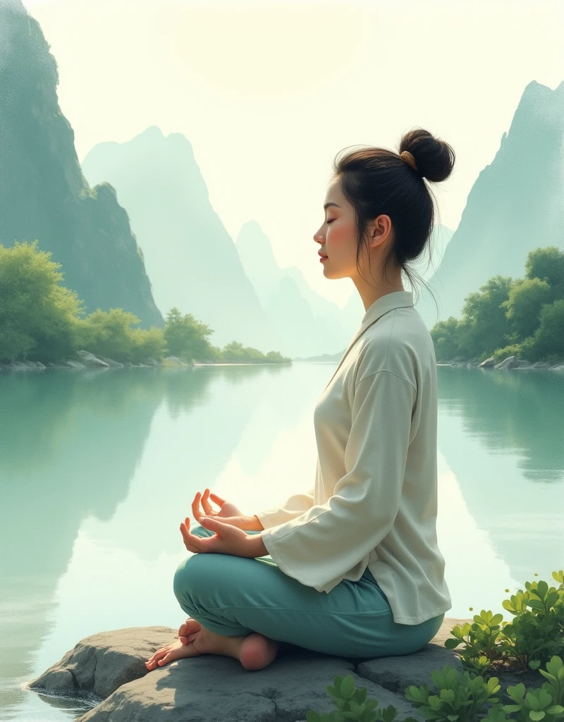A soft light shines like a middle-aged Asian woman in the side view, meditating devoutly.,In the beautiful mountains and waters。 Chinese style,Watercolor,Zen
