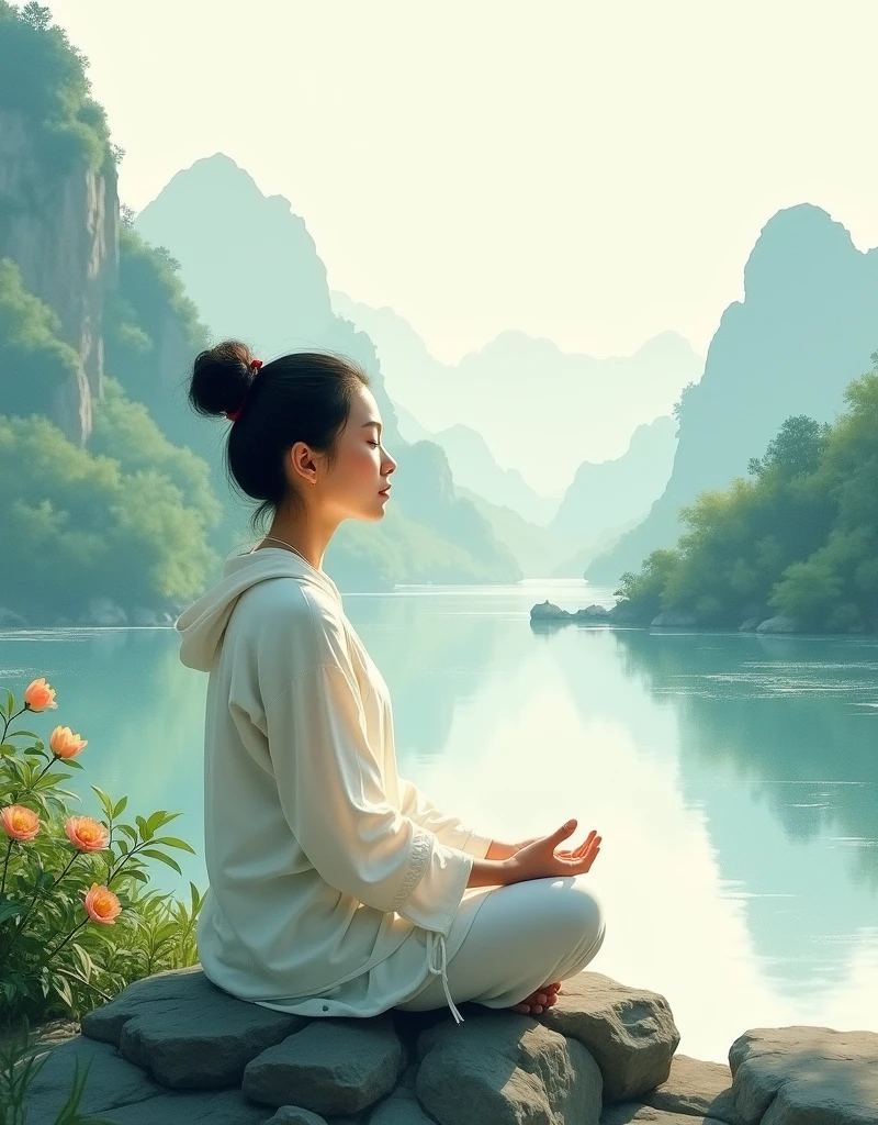 A soft light shines like a middle-aged Asian woman in the side view, meditating devoutly.，In the beautiful mountains and waters。 Chinese style，Watercolor，Zen