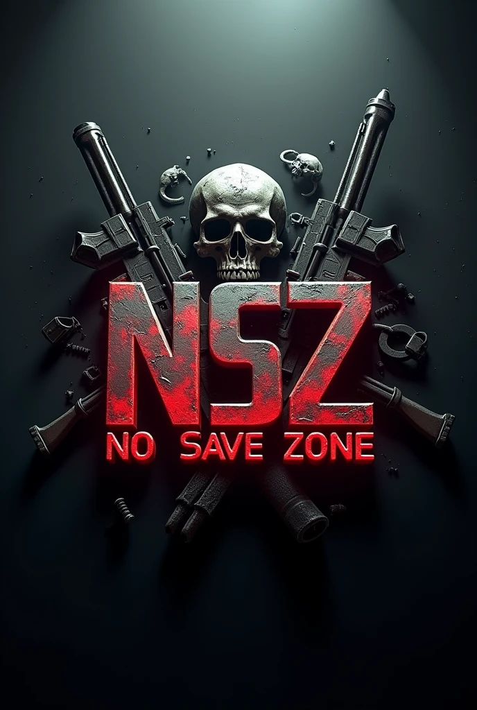 Creat a 3D gaming logo that has the name NSZ no save zone gaming, make the background have skull and weapons theme