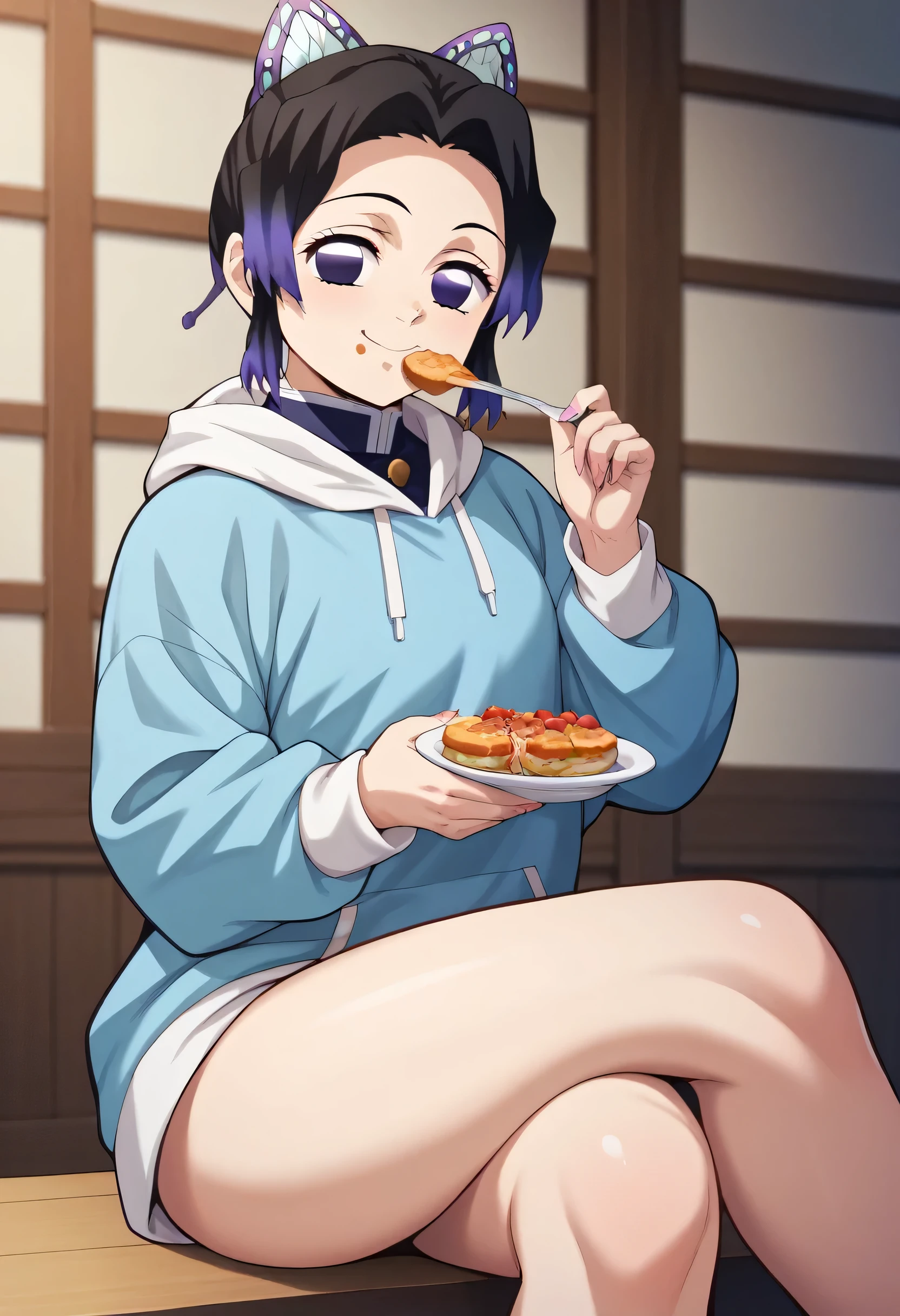 KShinobuXLV4, Score_7_up, BREAKsource_anime, 1 female, solo, viewer's point of view, light blue hoodie, white miniskirt, thighs, sitting straight, Doraemon style, cosplay, smiling, eating dorayaki