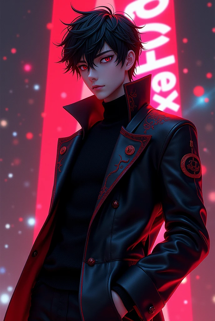 a man3d anime wear coat black and red pop up name "bebek"hansome with alpha background night