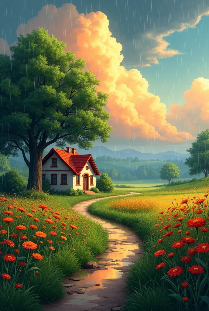 Create a landscape of a serene countryside scene during a gentle summer rain. A cozy cottage with a red roof is nestled near a large, lush green tree. The sky is filled with dramatic, billowing clouds in vibrant shades of orange and yellow, illuminated by sunlight breaking through, creating a striking contrast with the dark blue rain clouds. A narrow, winding path leads to the cottage, bordered by wildflowers in bright red and orange hues, and rich green grass. Small puddles form from the rain along the path. The overall atmosphere is peaceful and picturesque, with a harmonious blend of nature and tranquility, depicted in highly saturated colors to enhance the vividness and charm of the landscape.