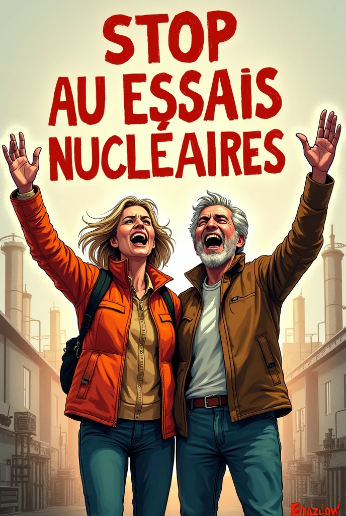 Ce couple de 35 ans se mobilise contre les essais nucleaires.  Au fond un essai en style dessin. Ecrire " stop aux essais nucléaires"