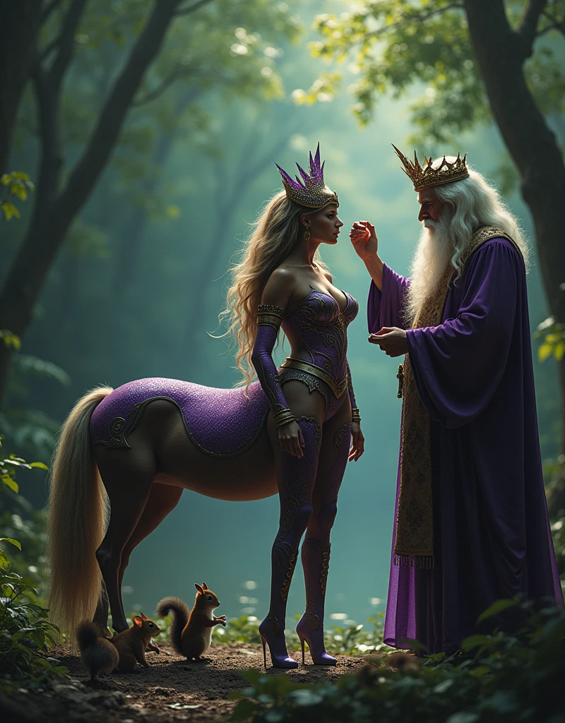 core_9,score_8_up,score_7_up,dramatic lighting,highly detailed,high budget,bokeh,cinemascope,moody,epic,gorgeous,film grain,grainy,masterpiece,best quality,perfect anatomy,very aesthetic,official art,8k, Shine and Clarity, centaur, horse legs, Backwoods,Birds fly, Animals Squirrels and Mice Look at Everything That Happens, marshland, month, Creepers, a lot of details,((Centaur Girl with Curvy Shapes,Big Breasts are covered in armor, Light Armor with Violet Gold Patterns, long hair, There stands the Majestic, Bows Her Head Before the Sage Who Places on Her the Crown of Sparkling Diamonds)), gorgeous, Background in the Deep Forest, Very Beautiful Views, masterpiece, Best quality, maximum details, complex parts, Sparkle and Glitter, majestic painting,