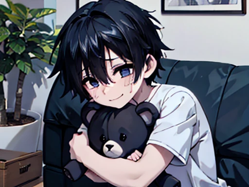 1 boy, he hugs a big teddy bear, Upper body shot only, Black short hair, He is wearing a white shirt, He smiles gently., sofa, Bookshelf, ornamental foliage plant