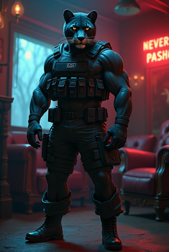 a humanoid panther dressed as a mercenary,70s noir style art with serious facial expressions and brothel background