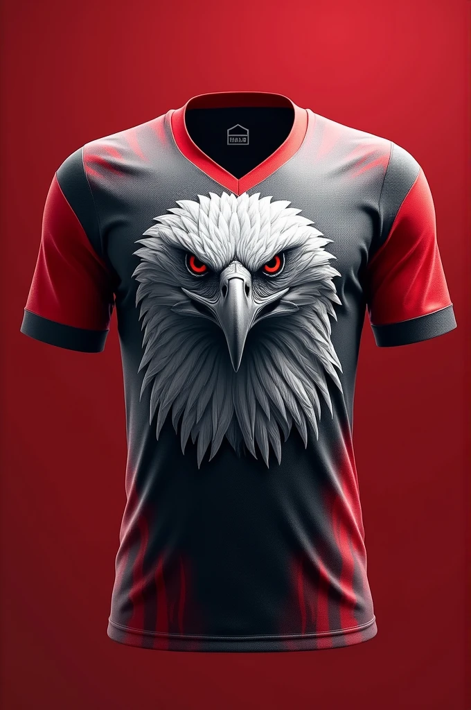 "Generate a sports jersey with a large, fierce eagle design on the front, using sharp and detailed feather strokes in shades of white and gray. The eagle should be the main focus, placed against a rich red backdrop. The jersey should feature a simple V-neck collar and red sleeves. Add a small badge-like emblem above the eagle's head on the left side."