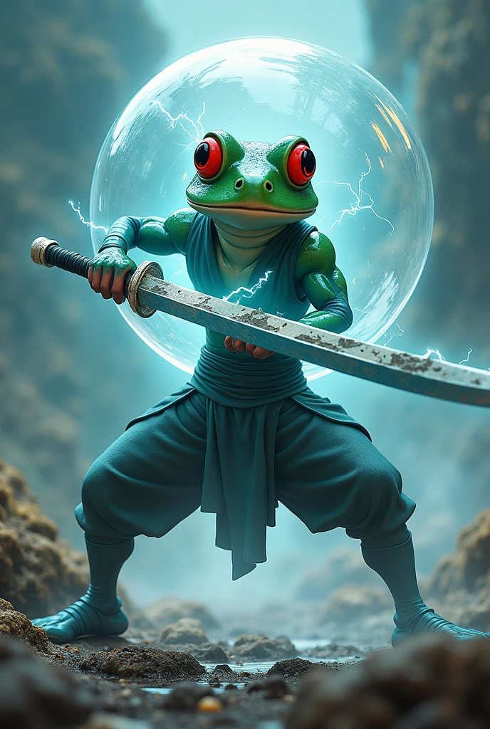 Bubble ninja frog with red eyes and keeping a lighting sword