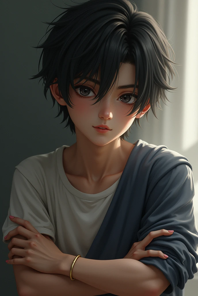 A 20 year old boy sat with his arms crossed, hair hanging down over his angular face.

