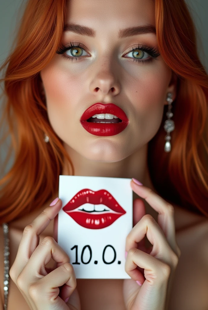 close-up, extreme close-up, close-up portrait, portrait, close-up on her lips, ultra realistic, photography, long straight red hair, (30 years old, green eyes, hourglass figure, perfect body, natural medium breasts), firtatious look, glossy shiny red lipstick, femme fatale, she is a sex icon, she is a sex goddess, long eyelashes, cat-eye make-up, focus on her eyes, highlight her lips, she has her hands on her neck and her head slightly leans backwards, her eyes focus the camera and her lips are slightly parted, wearing diamond jewelry, holding up a white sign with a red kipstick kiss on it and the Number "1 0 0 0" written over it