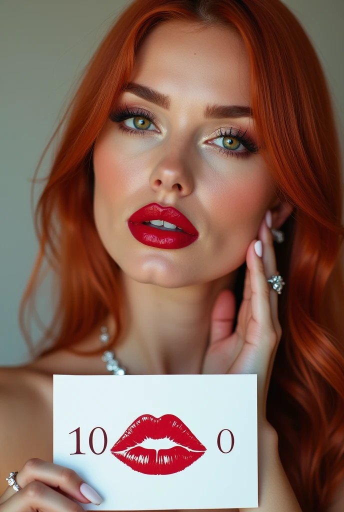 close-up, extreme close-up, close-up portrait, portrait, close-up on her lips, ultra realistic, photography, long straight red hair, (30 years old, green eyes, hourglass figure, perfect body, natural medium breasts), firtatious look, glossy shiny red lipstick, femme fatale, she is a sex icon, she is a sex goddess, long eyelashes, cat-eye make-up, focus on her eyes, highlight her lips, she has her hands on her neck and her head slightly leans backwards, her eyes focus the camera and her lips are slightly parted, wearing diamond jewelry, holding up a white sign with a red kipstick kiss on it and the Number "1 0 0 0" written over it