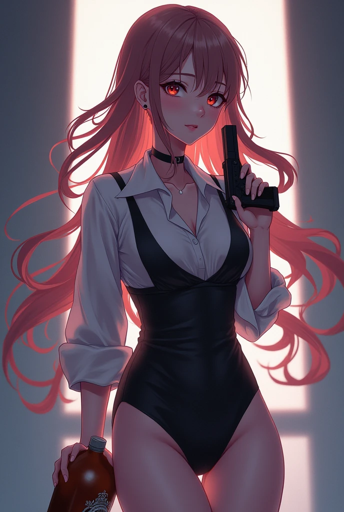 Pretty anime girl with a bottle in her hand and a gun in the other