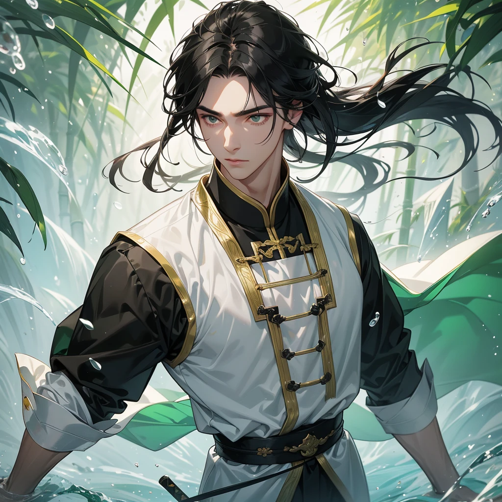 a Handsome black-haired male holding a large sword in white ancient Chinese costume, the green-black is a lush green bamboo forest. the air after rain has water droplets splashing around. close up.