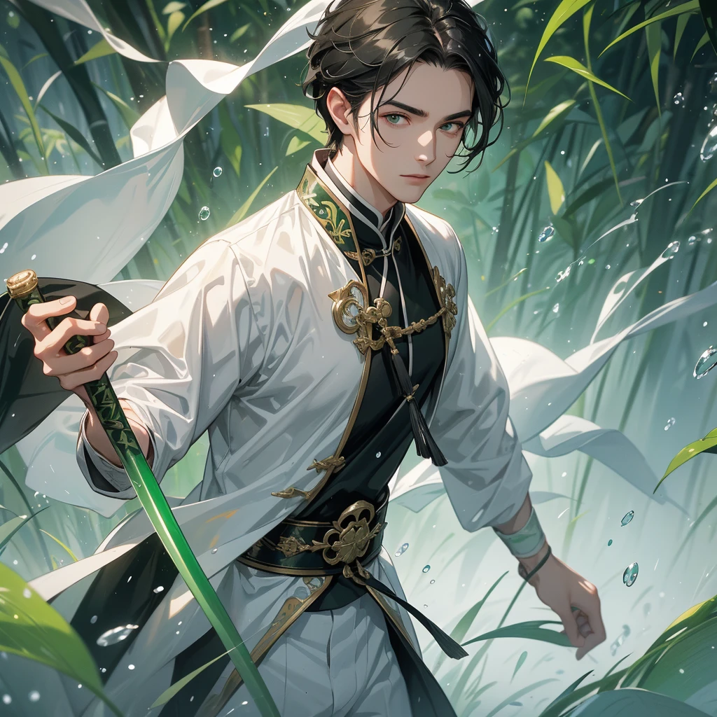 a Handsome black-haired male holding a large sword in white ancient Chinese costume, the green-black is a lush green bamboo forest. the air after rain has water droplets splashing around. close up.