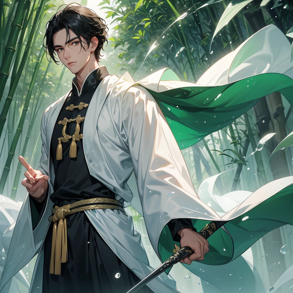 a Handsome black-haired male holding a large sword in white ancient Chinese costume, the green-black is a lush green bamboo forest. the air after rain has water droplets splashing around. close up.