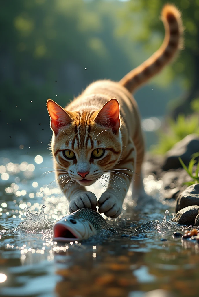 Cat catching fish in near the river