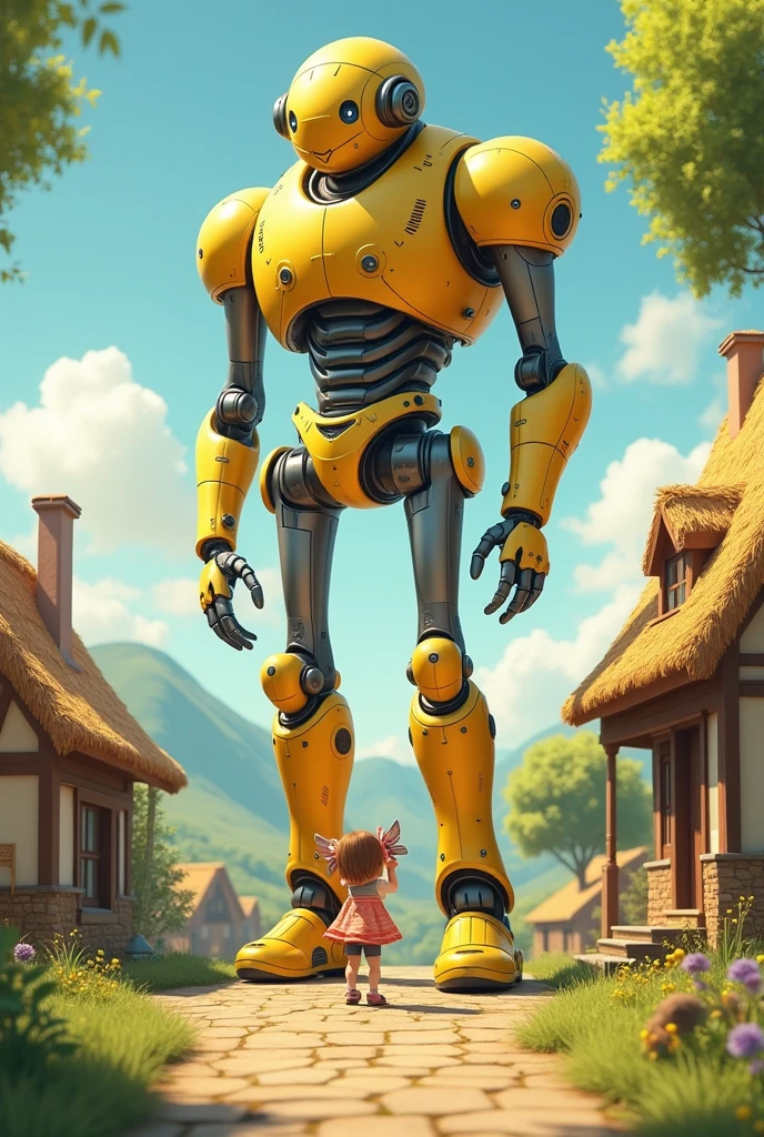 A girl and a golden robot in a village