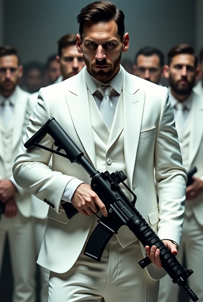 Messi is a gangster wearing white  dress with a big gun with some men.They also wearing white  dress. 