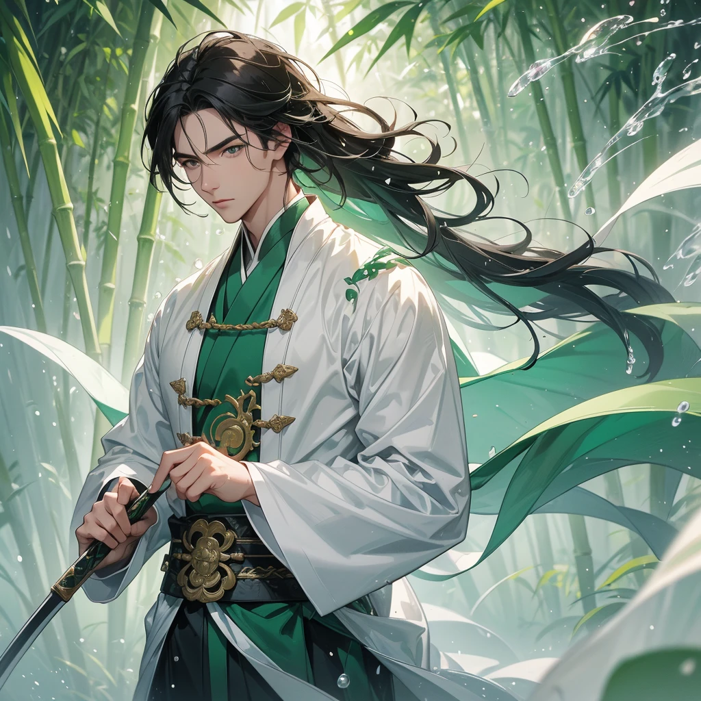 a Handsome black-haired male holding a large sword in white ancient Chinese costume, the green-white is a lush green bamboo forest. the air after rain has water droplets splashing around. close up.