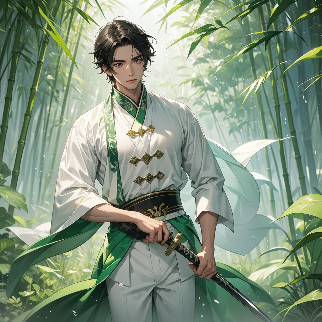 a Handsome black-haired male holding a large sword in white ancient Chinese costume, the green-white is a lush green bamboo forest. the air after rain has water droplets splashing around. close up.
