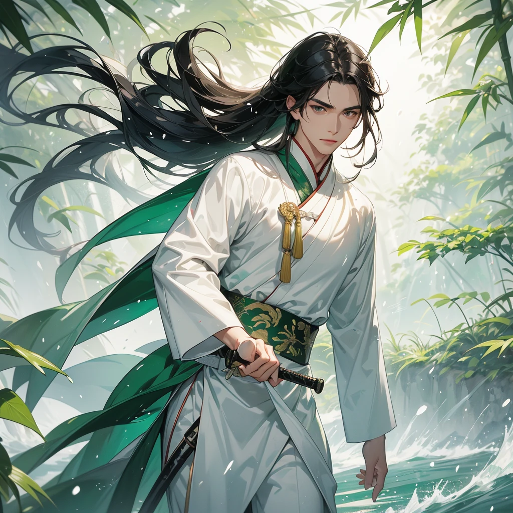 a Handsome black-haired male holding a large sword in white ancient Chinese costume, the green-white is a lush green bamboo forest. the air after rain has water droplets splashing around. close up.