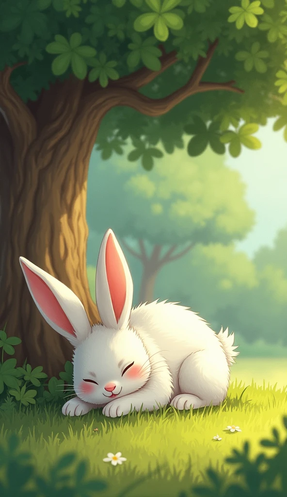 The rabbit, confident of winning, takes a nap under a shady tree.