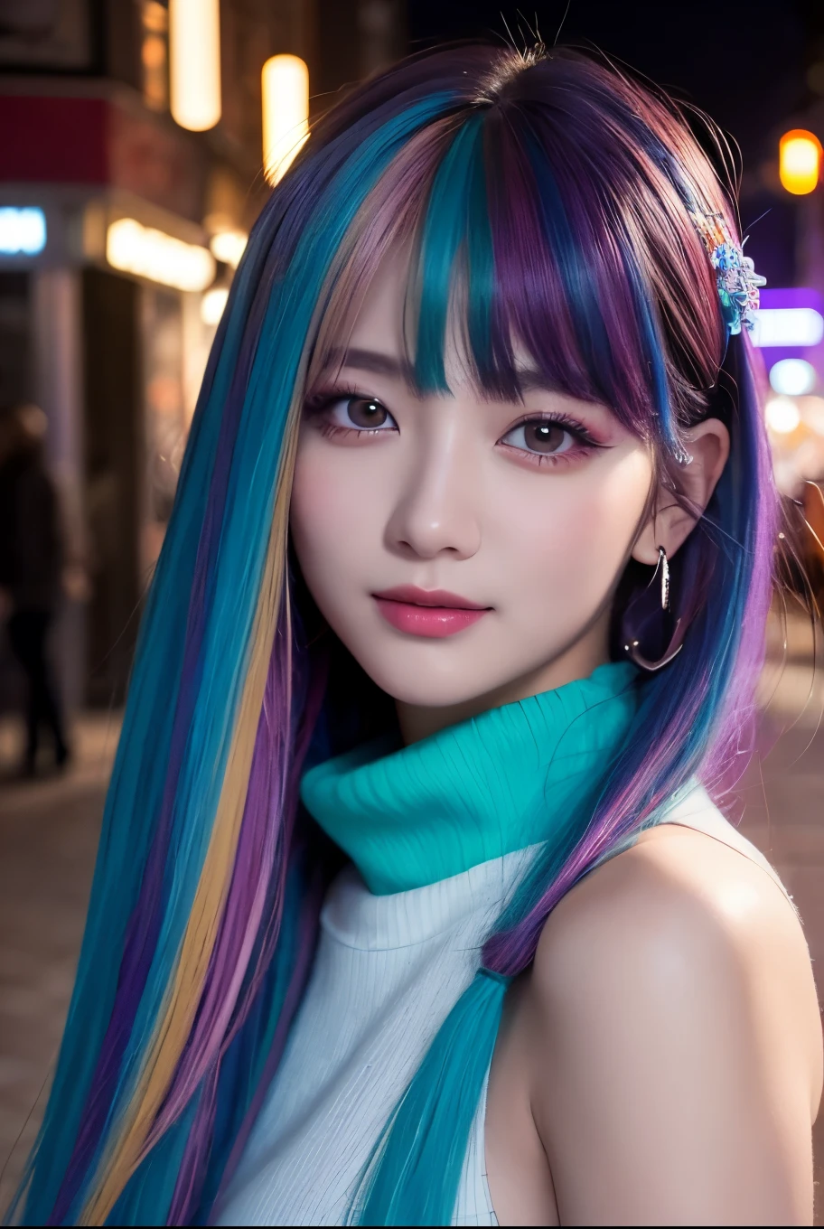 high quality, real、High resolution, Realistic、8k、masterpiece, detailed.impressive, Cutting-edge female photography portraits、Happy expression、Looking at the camera、cyan, and purple, Her vibrant makeup really catches the eye.. Her colorful hair is tied up high、Various hair colors、Neon Town、night