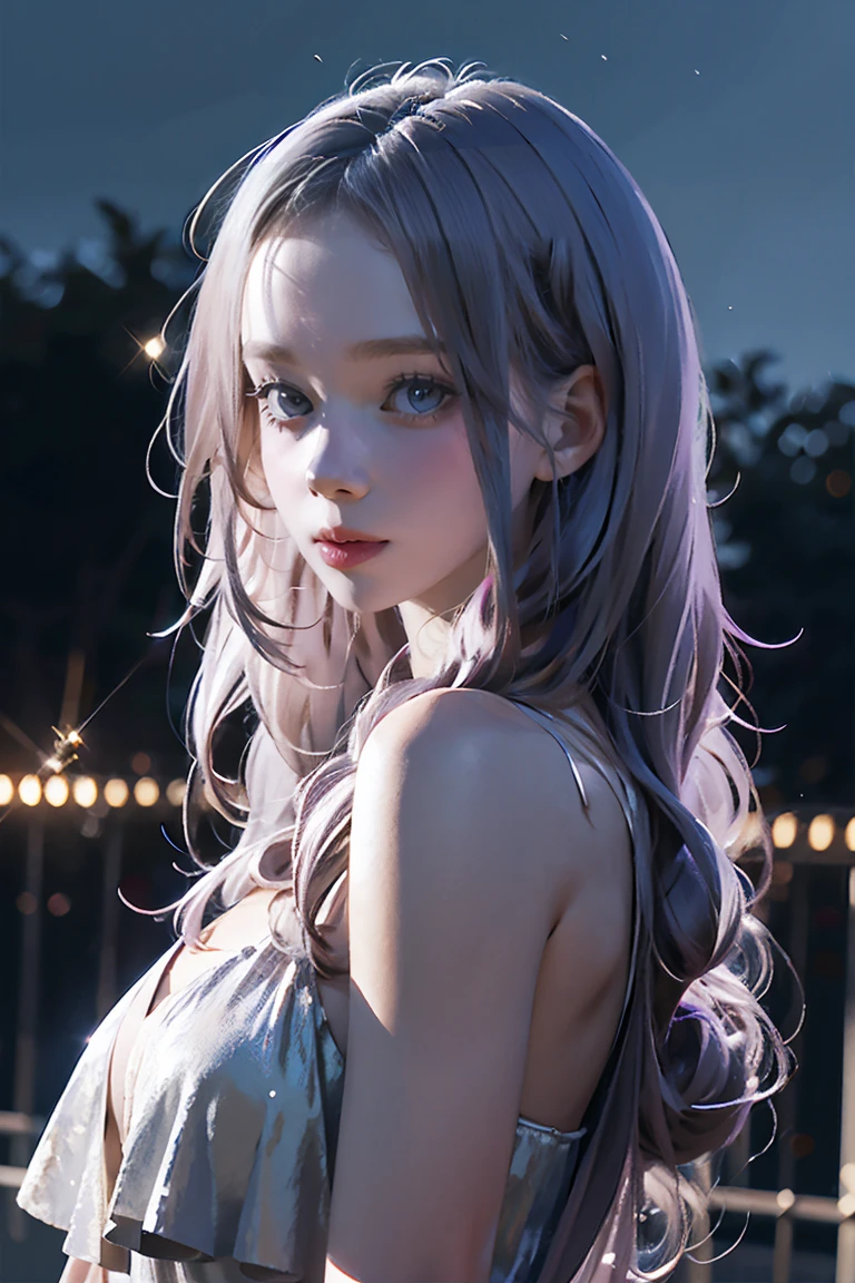 Highest quality, masterpiece, Ultra-high resolution, (Realistic:1.4), RAW Photos, Aesthetics and atmosphere, Dark Shot, Film Grain, Soft Focus, Bokeh, Night Shots, masterpiece realistic volumetric light,,One girl, Purple eyes, Gray Hair, Curly Hair, Grin, (freckles:0.8), thigh, Medium chest, Upper Body, (Sparkling:1.3) Sequin Long CNS Dresses, ray tracing reflection, Desert street, path, City lights, Beautiful sky, Relying on the wall, From the side,