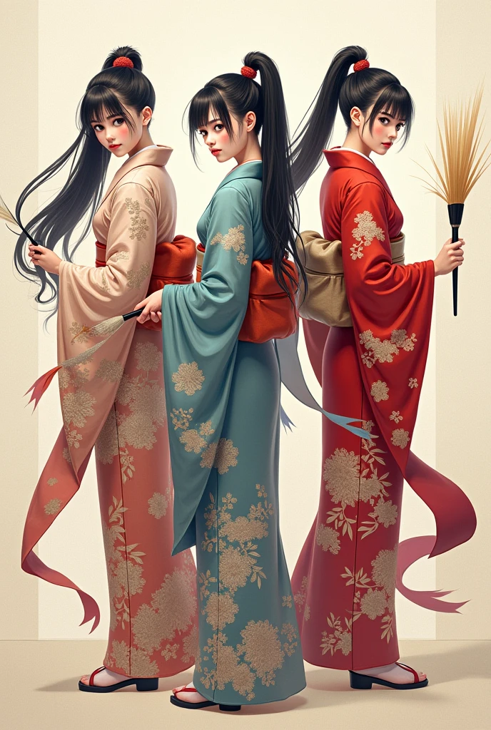 Multiple Girls, kimono、Brandishing a large brush、ponytail、Back view