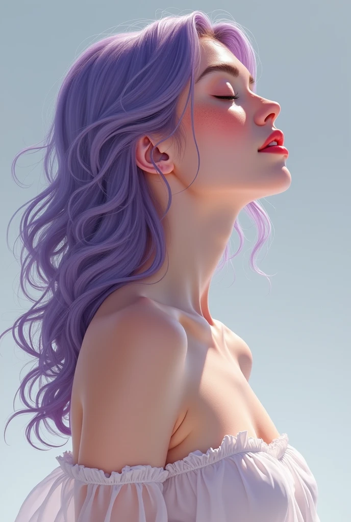 Imagine a highly detailed and realistic photo-quality illustration of a woman in profile, seen from below. brown skin, with the head slightly tilted downwards.and forward Neck forward, Her skin has a warm, pale tone., with freckles spread across her cheeks and nose. The hair is a violet tone, with subtle reflections that capture the light naturally, falling gently on his shoulders. Her lips are a soft pink color, complementing the warm tone of your skin. The eyes, although closed, They project serenity and peace.. bare shoulder, Great cleavage, sheer fabric,
The background has a subtle gradient from light grey to a soft blue., which highlights the figure of the woman and adds a soft and calm atmosphere. The light is diffuse, accentuating the soft shadows on her face and neck, which gives it an additional dimension and enhances the details of its expression and features.