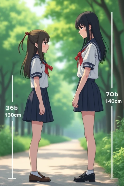 ((best quality)), ((masterpiece)), (detailed), Over the course of six years, the legs of a short Japanese junior high school girl grow significantly longer, turning her into a taller high school girl. The upper body size of junior high school girls remains the same and only their legs grow longer. 2 photos, before and after, cute girl, in the park, uniform, miniskirt, {{ {{{140cm⇨170cm}}}}}}, sexy