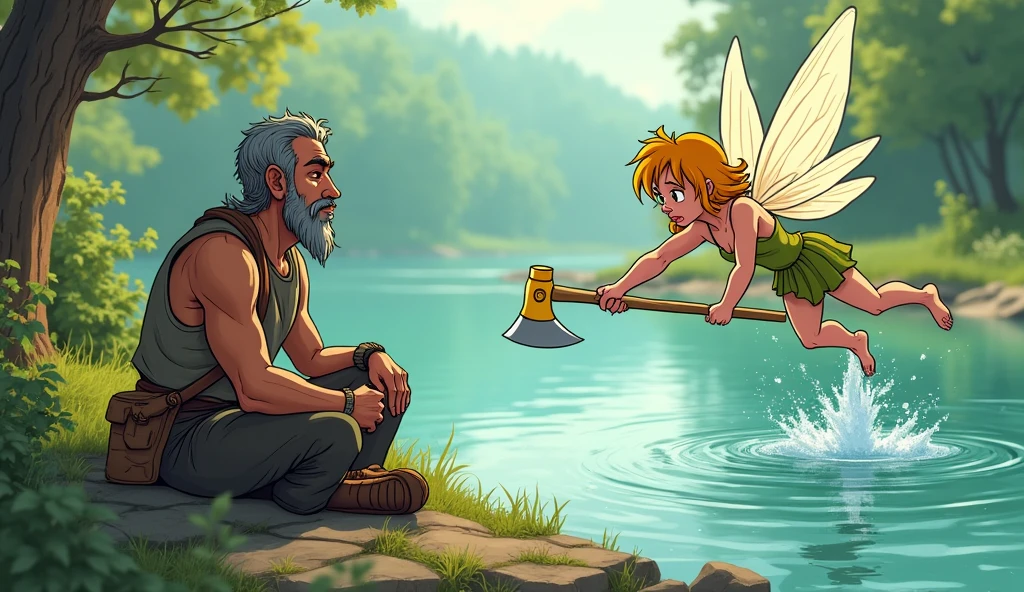 Poor woodcutter sit on the bank of river and fary go in to water She dived into the river and brought up a gold silver axe cartoon 