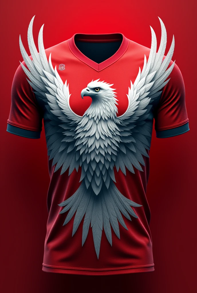 "Generate a sports jersey with a large, fierce eagle design on the front, using sharp and detailed feather strokes in shades of white and gray. The eagle should be the main focus, placed against a rich red backdrop. The jersey should feature a simple V-neck collar and red sleeves. Add a small badge-like emblem above the eagle's head on the left side."